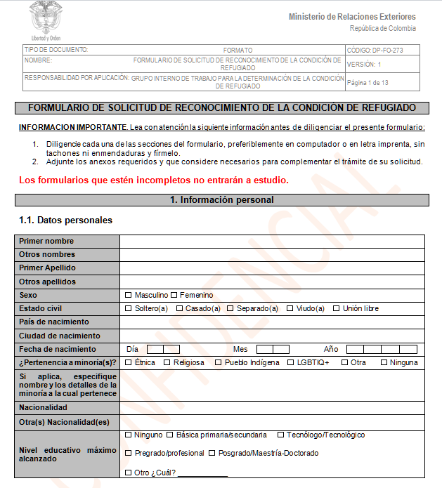 Formulario DP-FO-273 para solicitud de condición de refugiado.