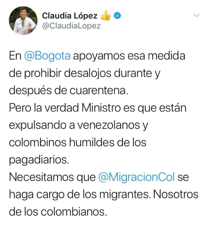 mensaje xenofóbico de Claudia López